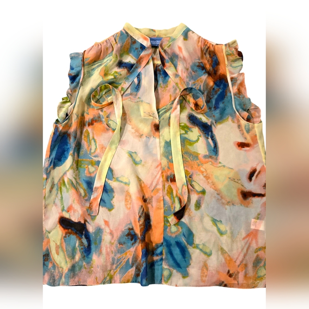 Simply Vera Wang Multicolor Sheer Art Abstract Tie Neck Ruffle Shirt Blouse